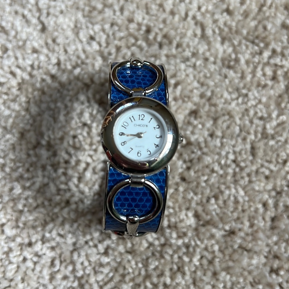 Chico’s blue leather & silver metal bangle watch